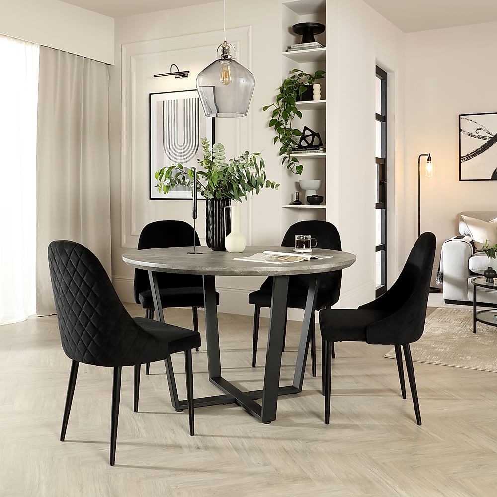 Traviso Round Dining Table & 4 Ricco Chairs, Industrial Concrete Effect & Black Steel, Black Classic Velvet, 120cm