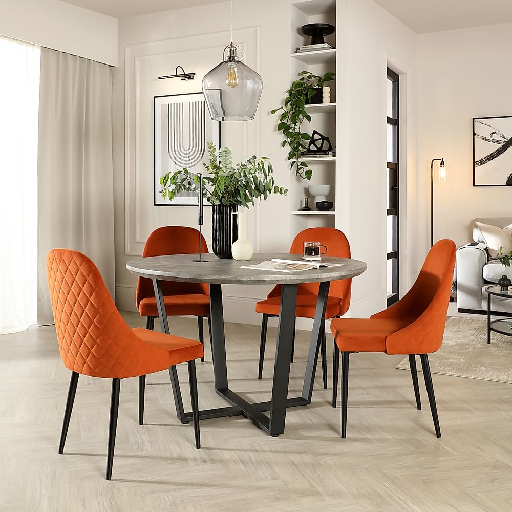 Traviso Round Dining Table & 4 Ricco Chairs, Industrial Concrete Effect & Black Steel, Burnt Orange Classic Velvet, 120cm