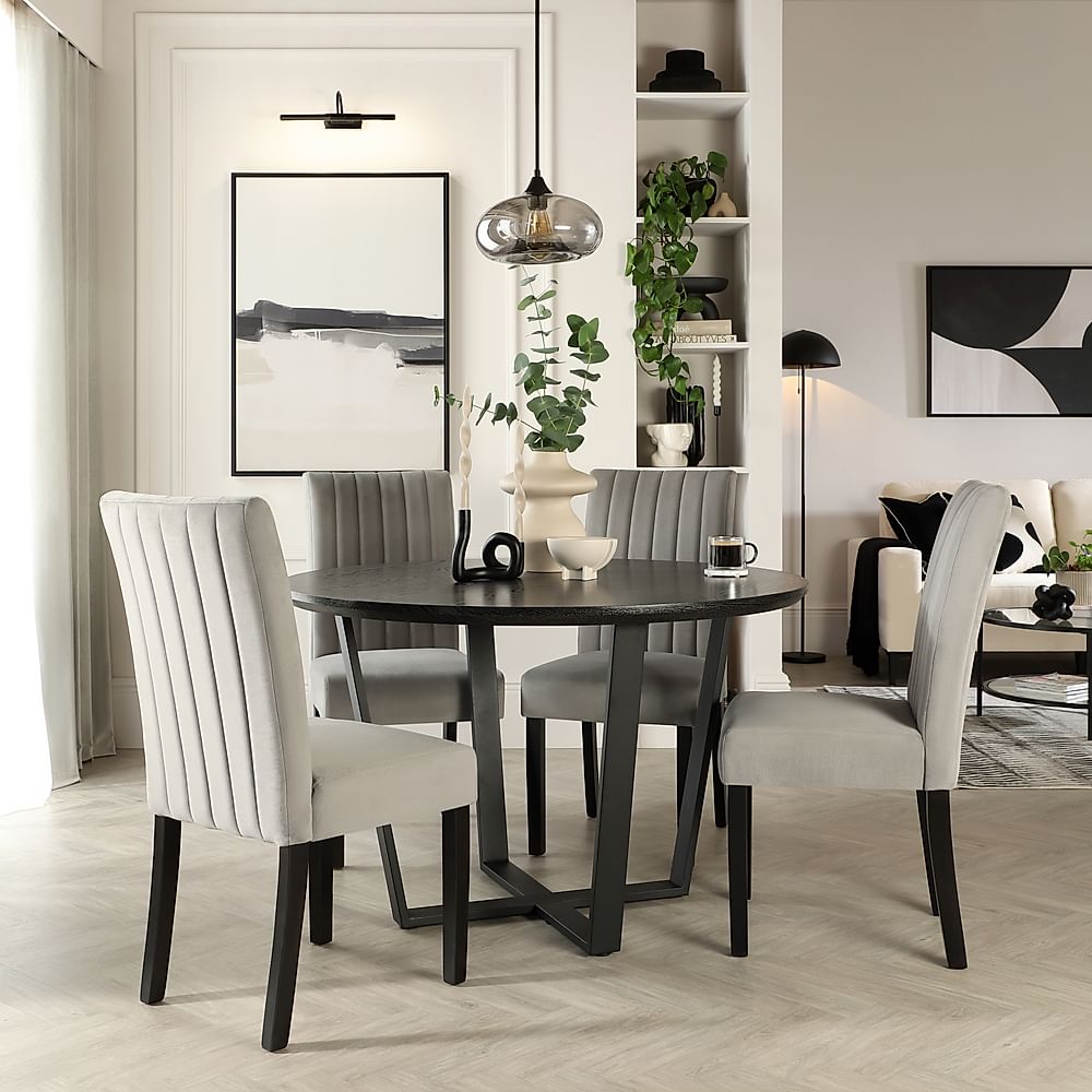 Traviso Round Dining Table & 4 Salisbury Chairs, Black Oak Effect & Black Steel, Grey Classic Velvet & Black Solid Hardwood, 120cm