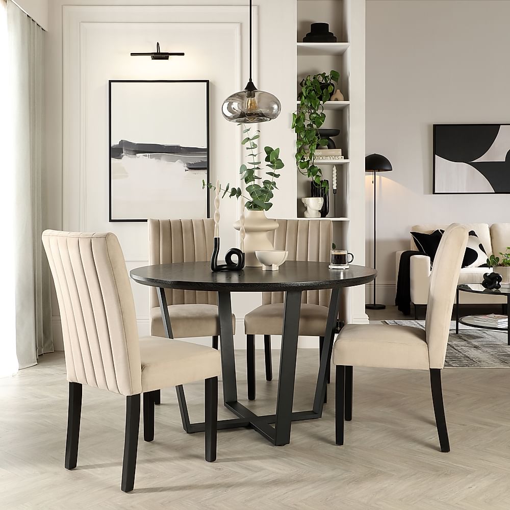 Traviso Round Dining Table & 4 Salisbury Chairs, Black Oak Effect & Black Steel, Champagne Classic Velvet & Black Solid Hardwood, 120cm