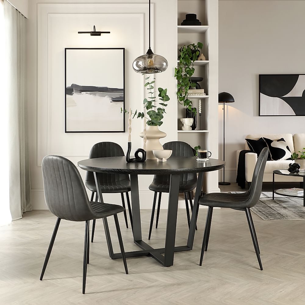 Traviso Round Dining Table & 4 Brooklyn Chairs, Black Oak Effect & Black Steel, Vintage Grey Premium Faux Leather, 120cm