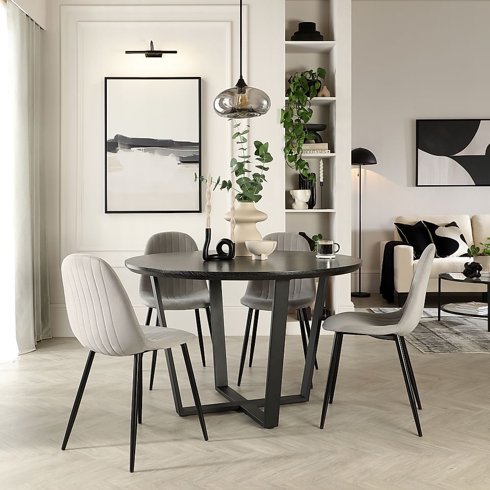 Traviso Round Dining Table & 4 Brooklyn Chairs, Black Oak Effect & Black Steel, Grey Classic Velvet, 120cm