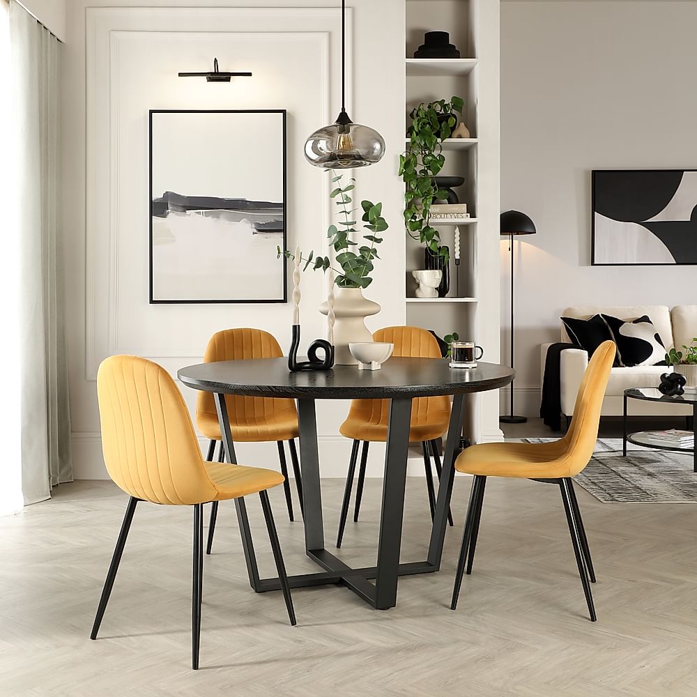 Traviso Round Dining Table & 4 Brooklyn Chairs, Black Oak Effect & Black Steel, Mustard Classic Velvet, 120cm