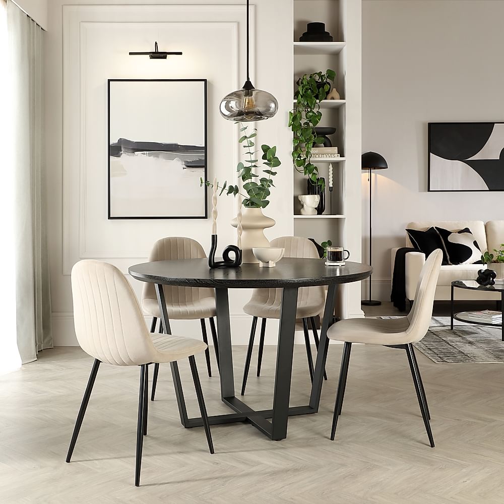 Traviso Round Dining Table & 4 Brooklyn Chairs, Black Oak Effect & Black Steel, Champagne Classic Velvet, 120cm