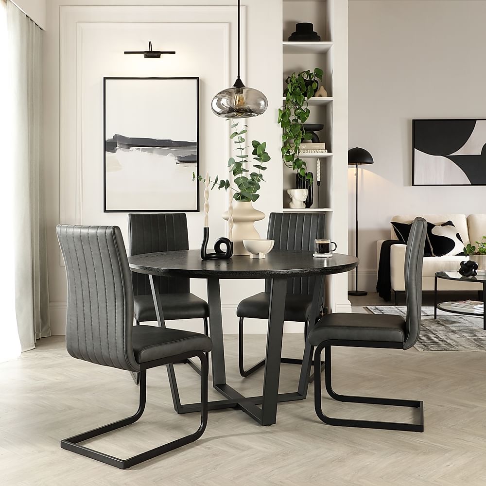 Traviso Round Dining Table & 4 Perth Chairs, Black Oak Effect & Black Steel, Vintage Grey Premium Faux Leather, 120cm