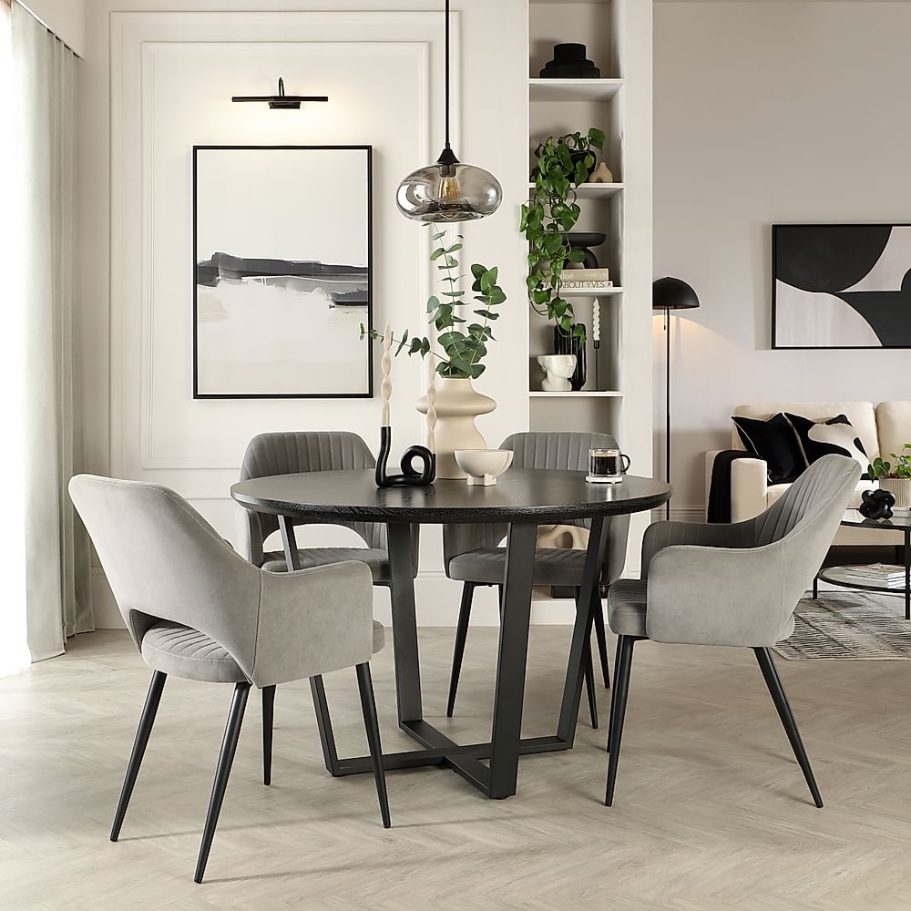 Traviso Round Dining Table & 4 Clara Chairs, Black Oak Effect & Black Steel, Grey Classic Velvet, 120cm