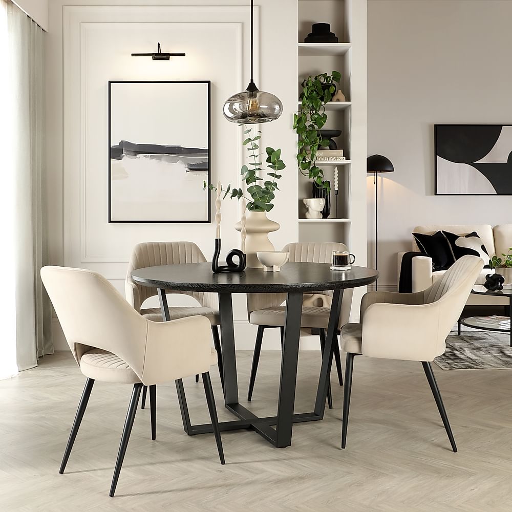 Traviso Round Dining Table & 4 Clara Chairs, Black Oak Effect & Black Steel, Champagne Classic Velvet, 120cm