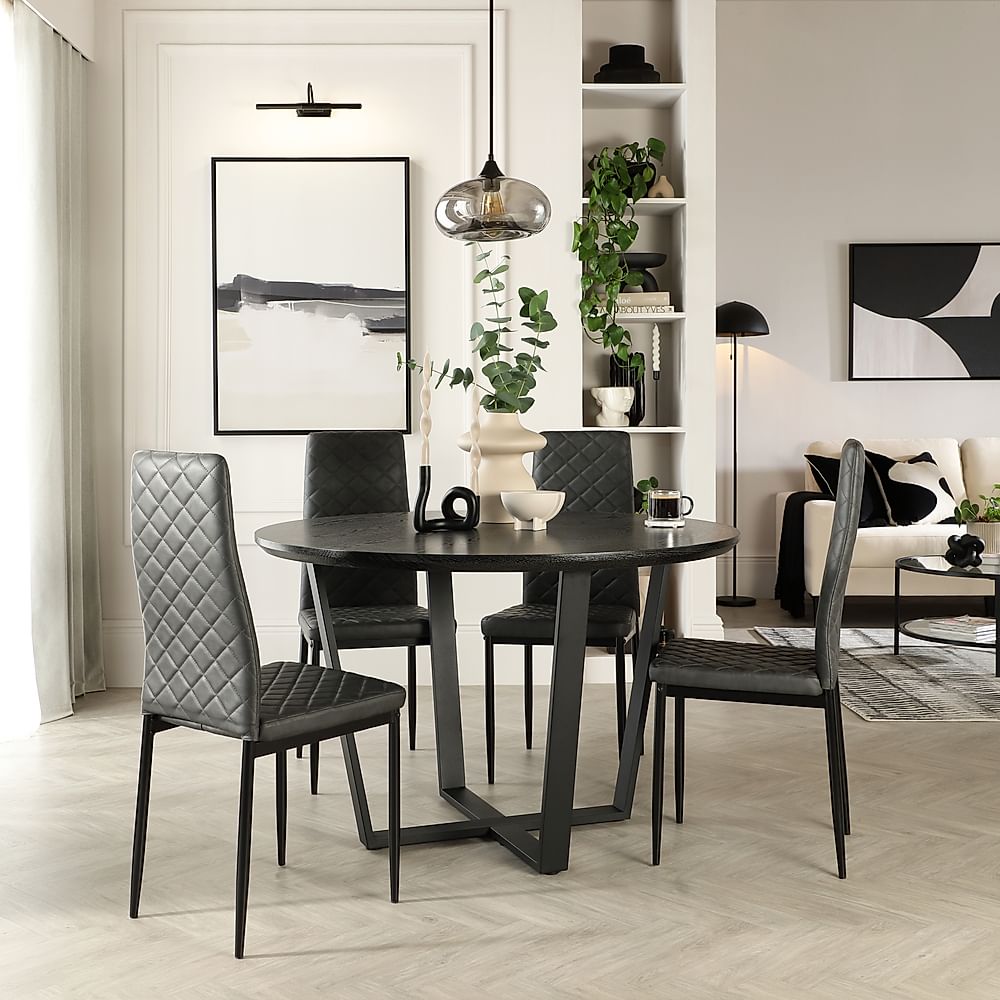 Traviso Round Dining Table & 4 Renzo Chairs, Black Oak Effect & Black Steel, Vintage Grey Premium Faux Leather, 120cm