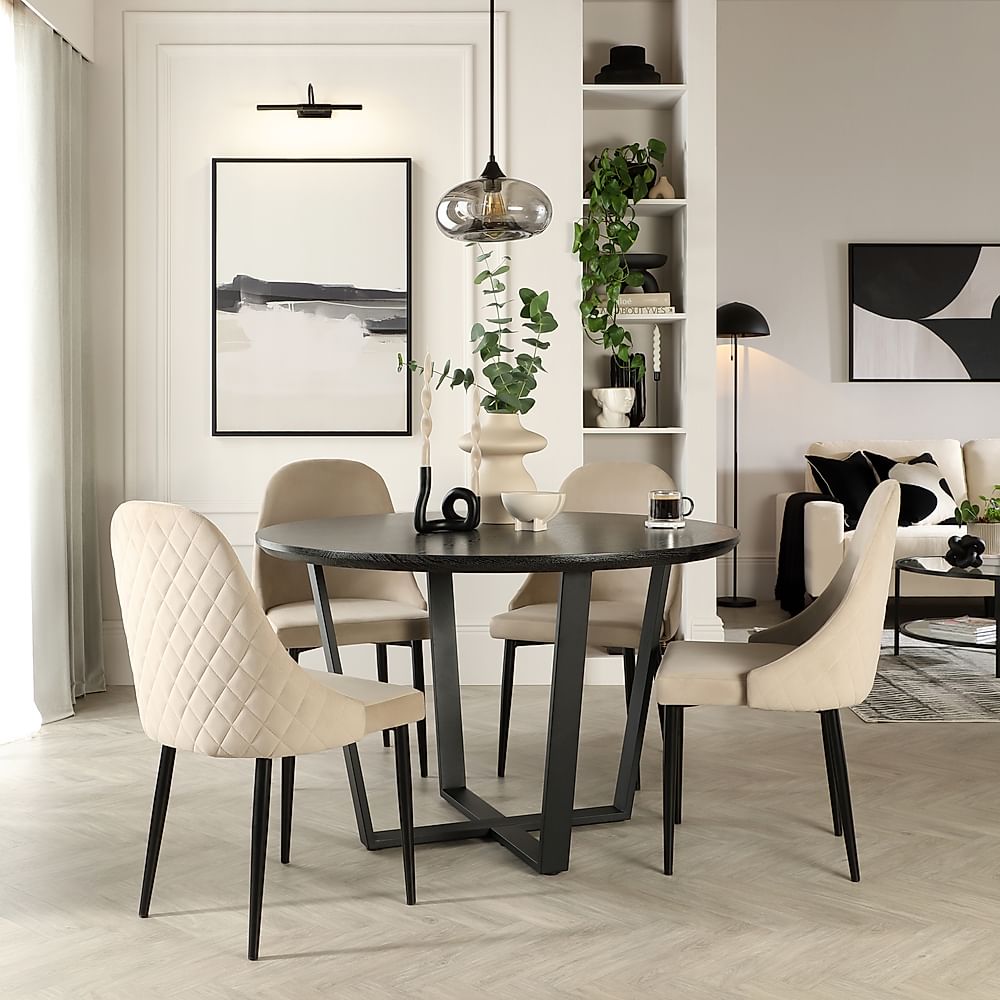 Traviso Round Dining Table & 4 Ricco Chairs, Black Oak Effect & Black Steel, Champagne Classic Velvet, 120cm