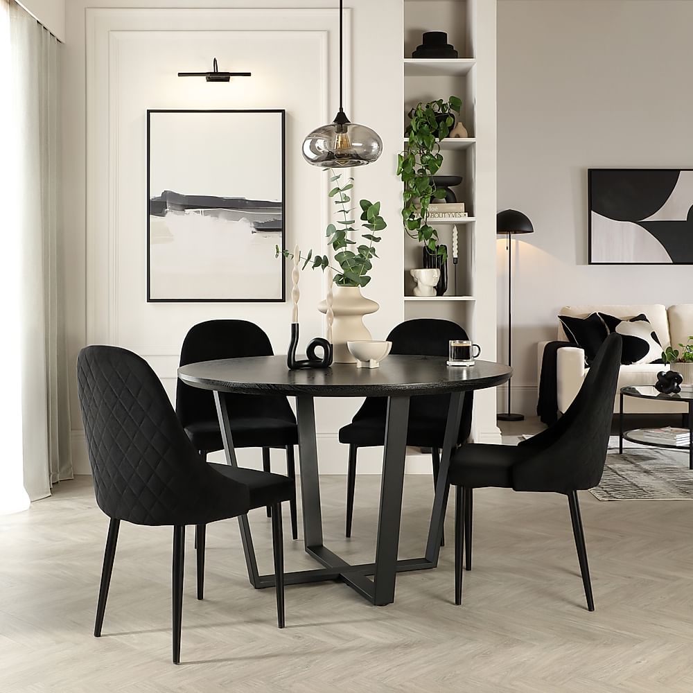 Traviso Round Dining Table & 4 Ricco Chairs, Black Oak Effect & Black Steel, Black Classic Velvet, 120cm