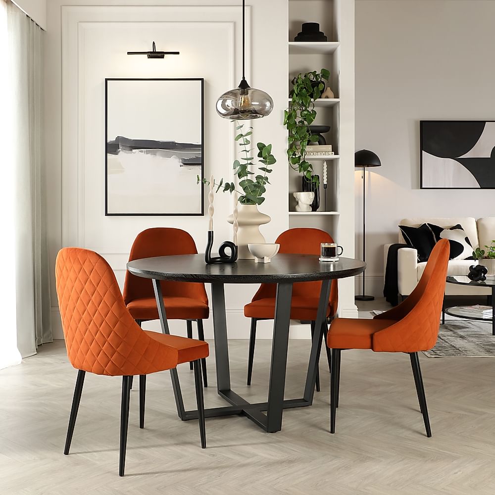 Traviso Round Dining Table & 4 Ricco Chairs, Black Oak Effect & Black Steel, Burnt Orange Classic Velvet, 120cm