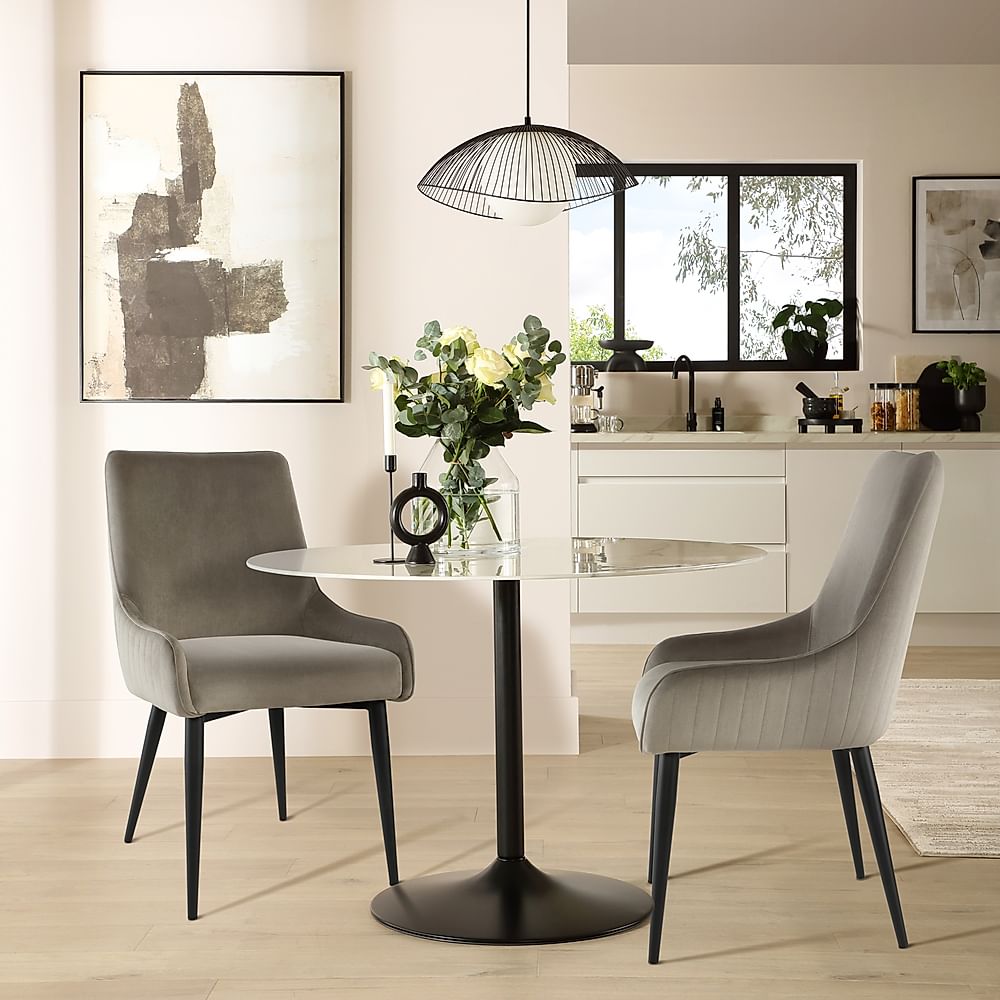 Orbit Round Dining Table & 2 Liza Chairs, White Marble Effect & Black Steel, Grey Classic Velvet, 110cm