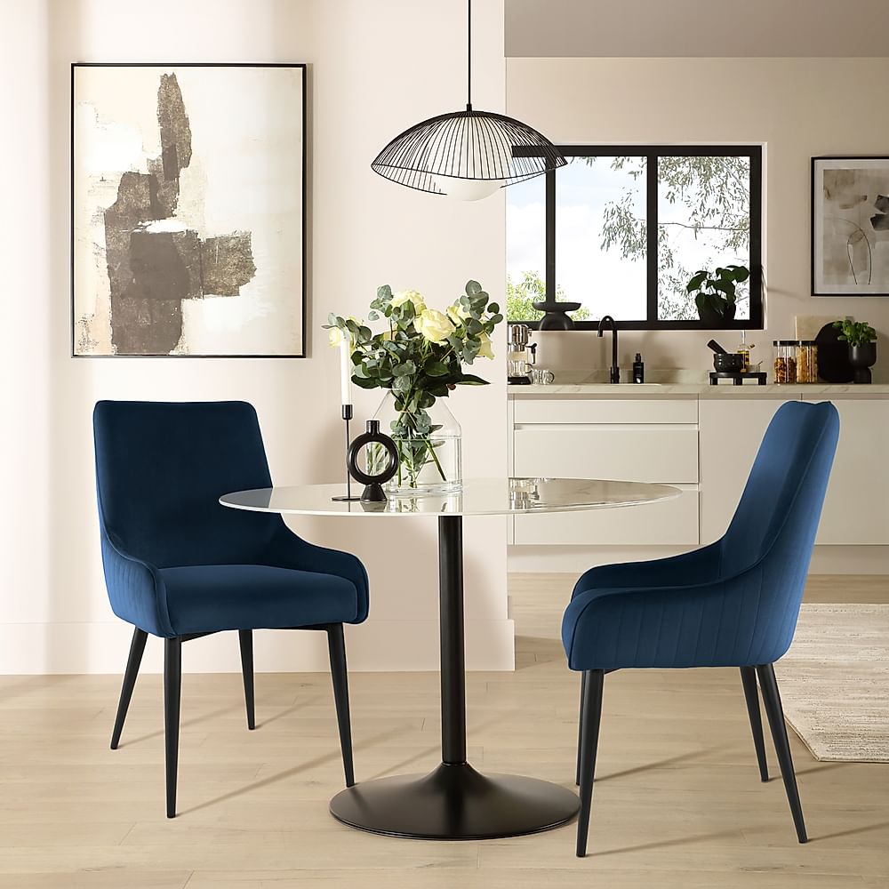 Orbit Round Dining Table & 2 Liza Chairs, White Marble Effect & Black Steel, Blue Classic Velvet, 110cm