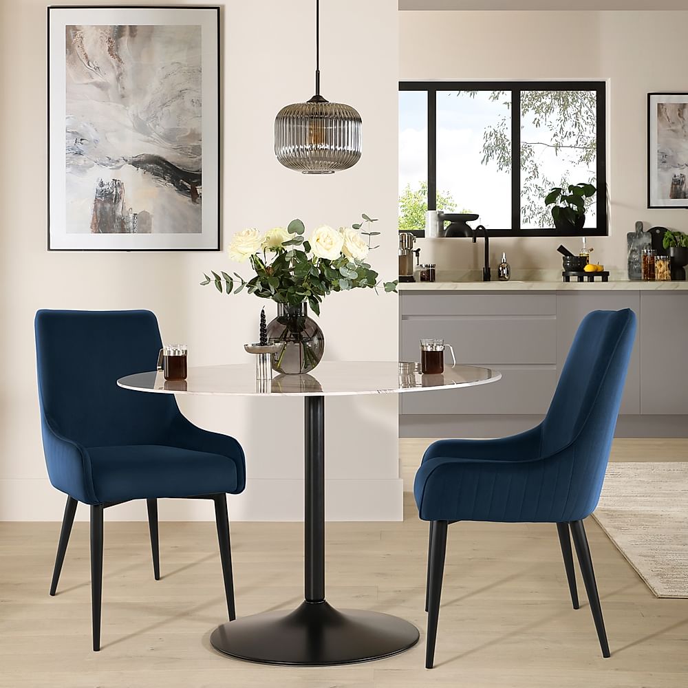 Orbit Round Dining Table & 2 Liza Chairs, Grey Marble Effect & Black Steel, Blue Classic Velvet, 110cm