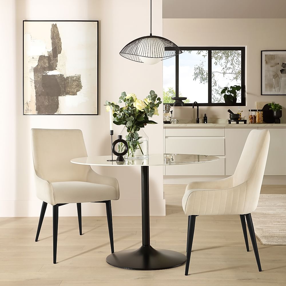 Orbit Round Dining Table & 2 Liza Chairs, White Marble Effect & Black Steel, Ivory Classic Plush Fabric, 110cm