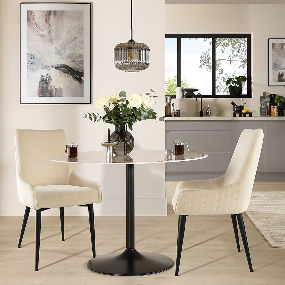 Orbit Round Dining Table & 2 Liza Chairs, Grey Marble Effect & Black Steel, Ivory Classic Plush Fabric, 110cm