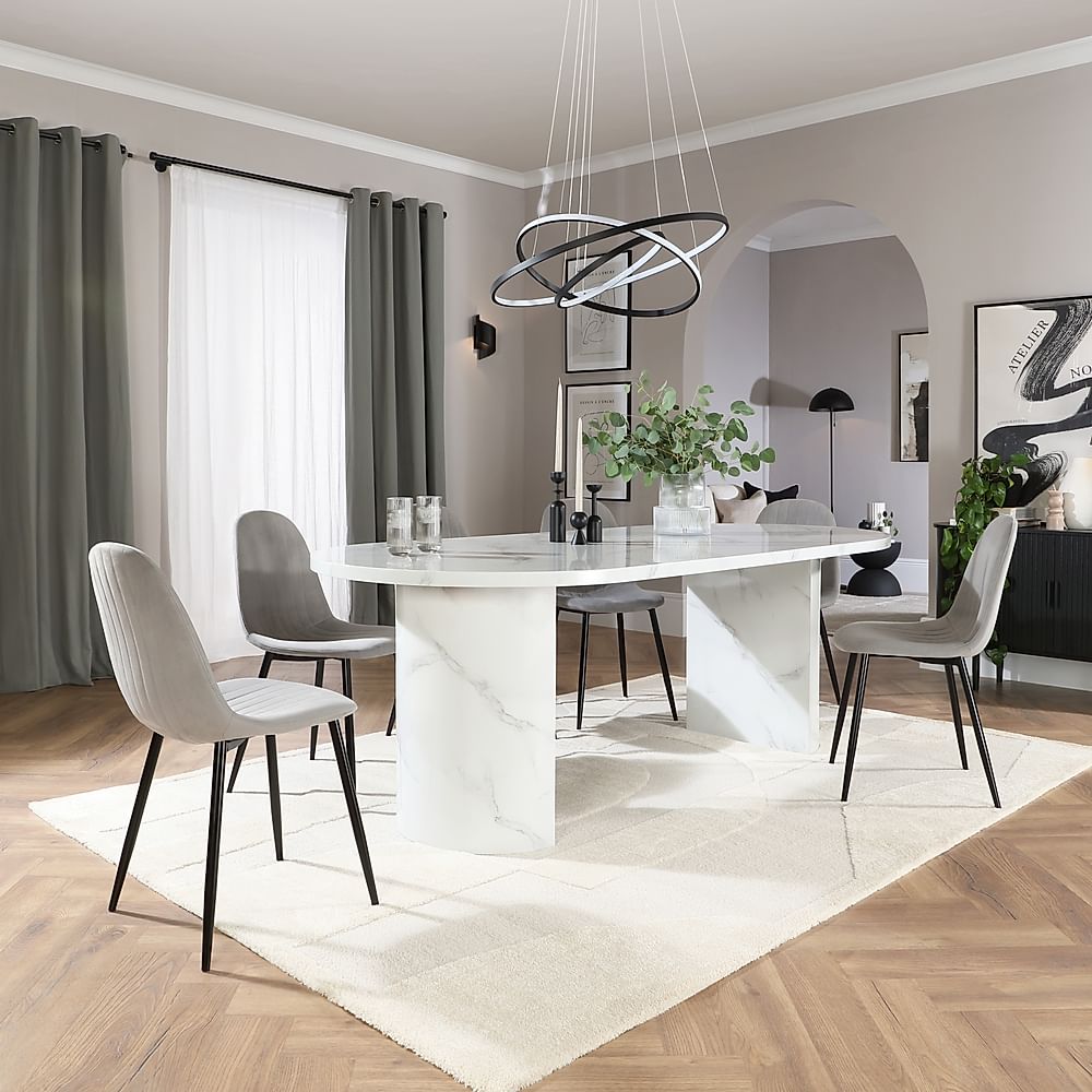 Genoa Oval Dining Table & 4 Brooklyn Chairs, White Marble Effect, Grey Classic Velvet & Black Steel, 220cm