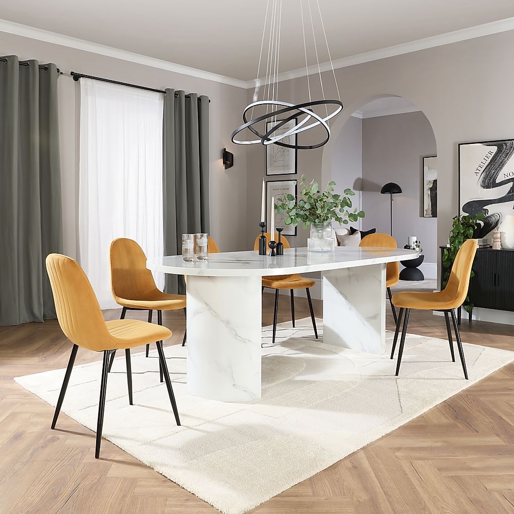 Genoa Oval Dining Table & 8 Brooklyn Chairs, White Marble Effect, Mustard Classic Velvet & Black Steel, 220cm