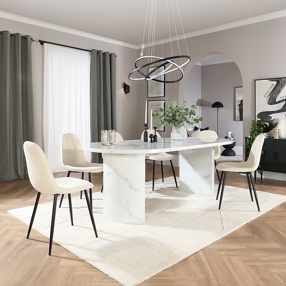 Genoa Oval Dining Table & 4 Brooklyn Chairs, White Marble Effect, Ivory Classic Plush Fabric & Black Steel, 220cm