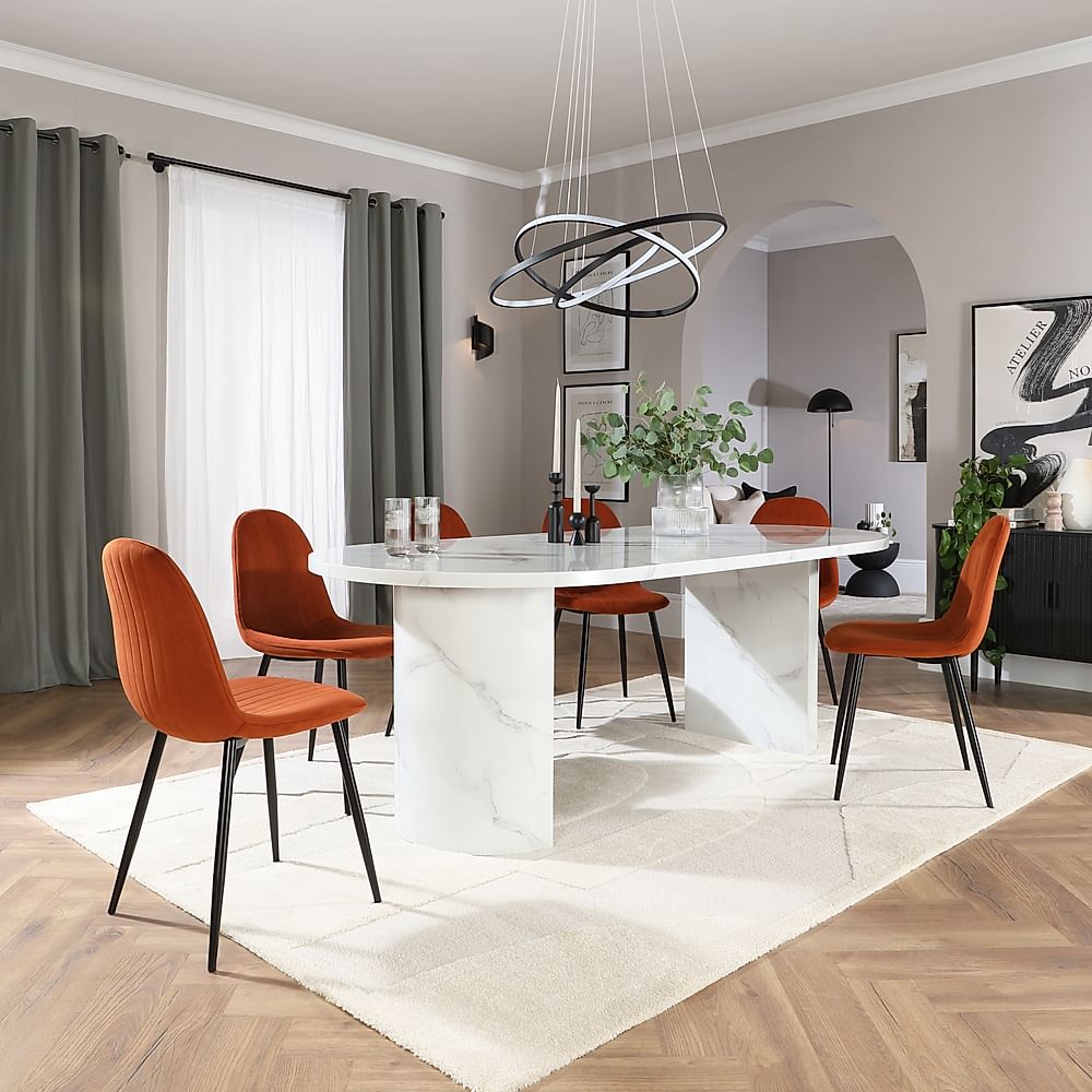 Genoa Oval Dining Table & 4 Brooklyn Chairs, White Marble Effect, Burnt Orange Classic Velvet & Black Steel, 220cm