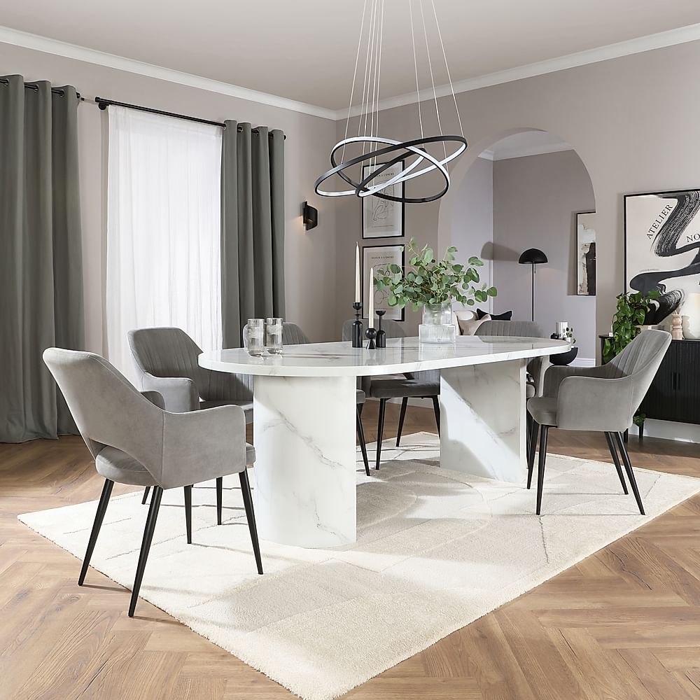 Genoa Oval Dining Table & 4 Clara Chairs, White Marble Effect, Grey Classic Velvet & Black Steel, 220cm