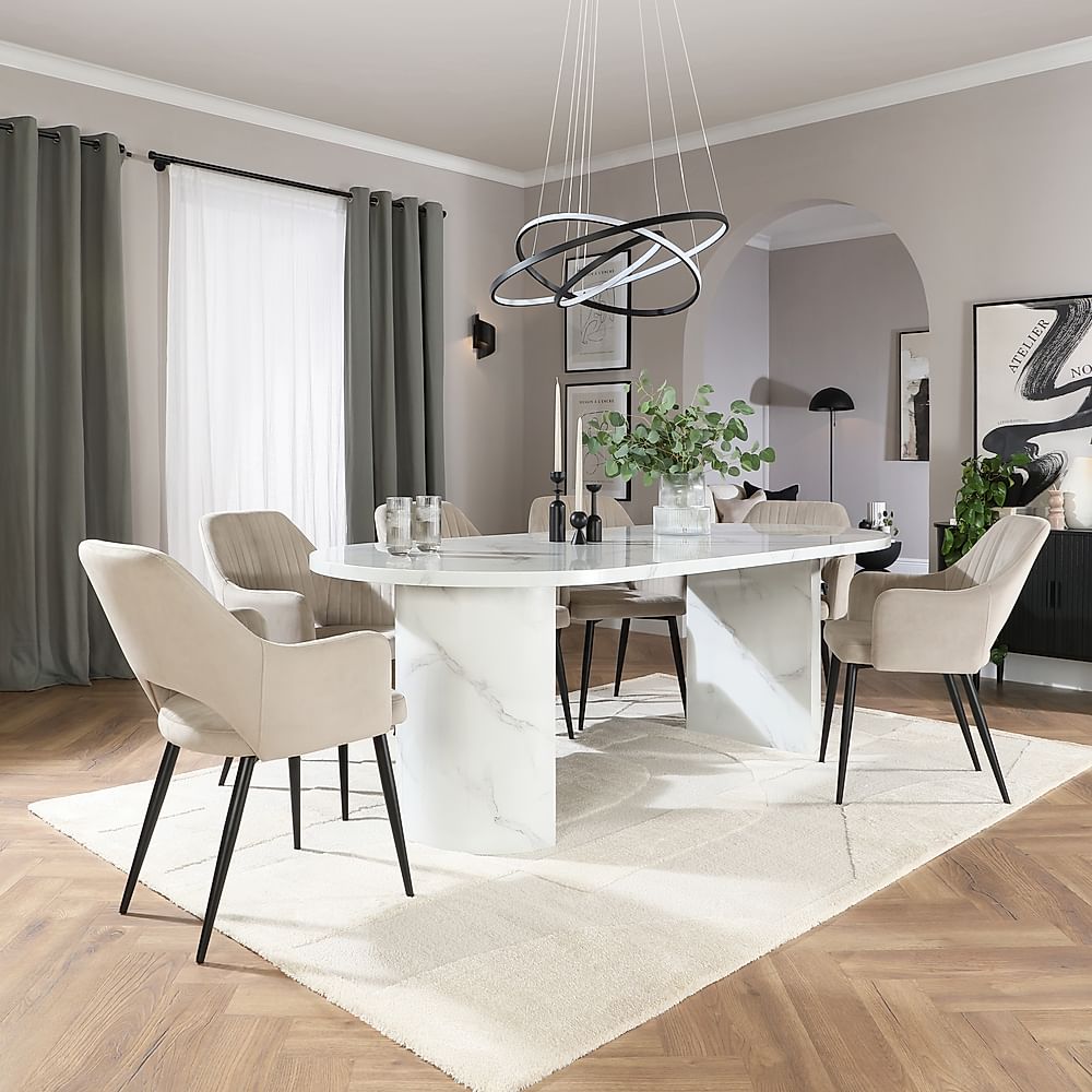 Genoa Oval Dining Table & 6 Clara Chairs, White Marble Effect, Champagne Classic Velvet & Black Steel, 220cm