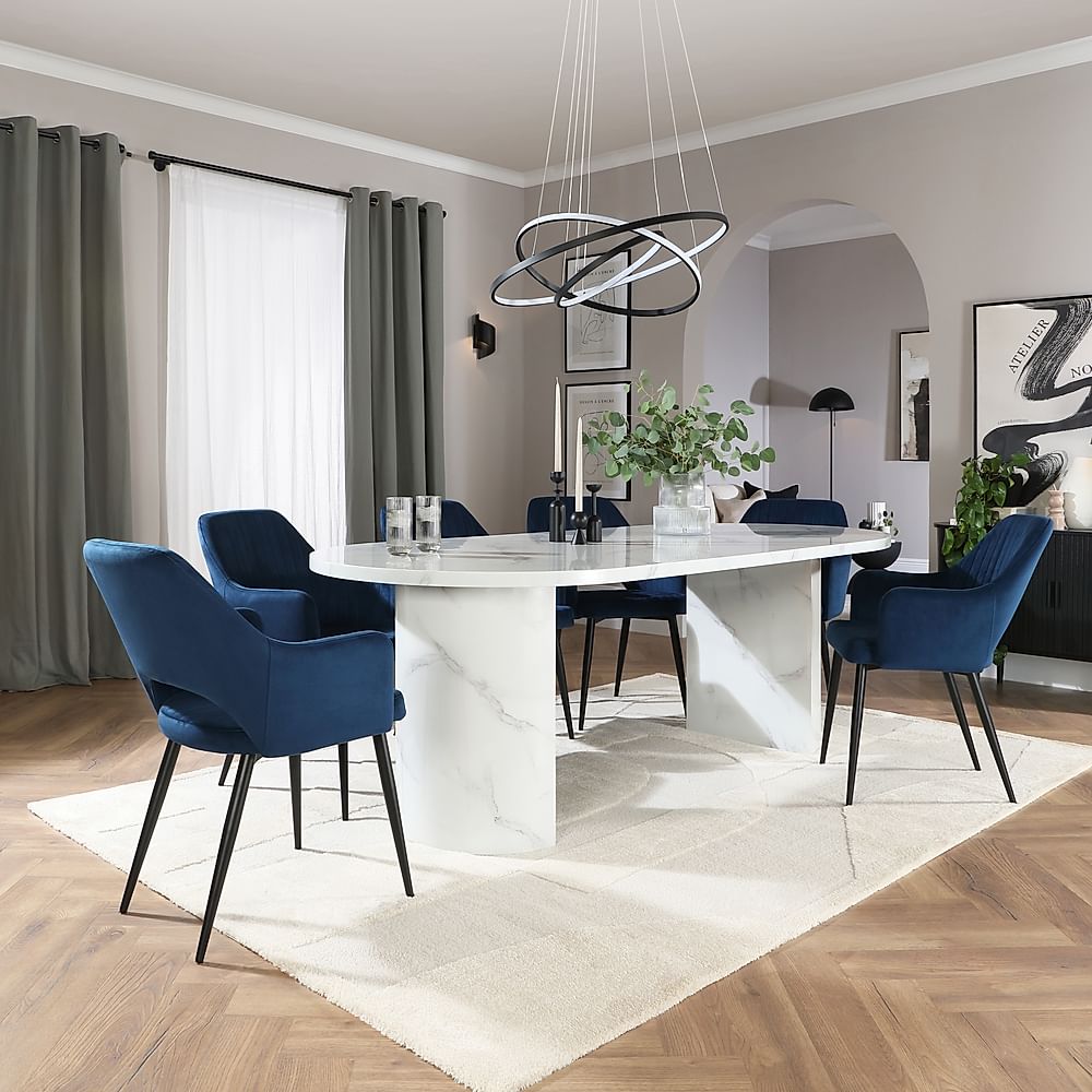 Genoa Oval Dining Table & 8 Clara Chairs, White Marble Effect, Blue Classic Velvet & Black Steel, 220cm