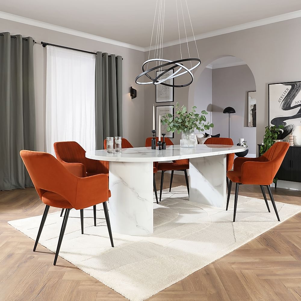 Genoa Oval Dining Table & 4 Clara Chairs, White Marble Effect, Burnt Orange Classic Velvet & Black Steel, 220cm