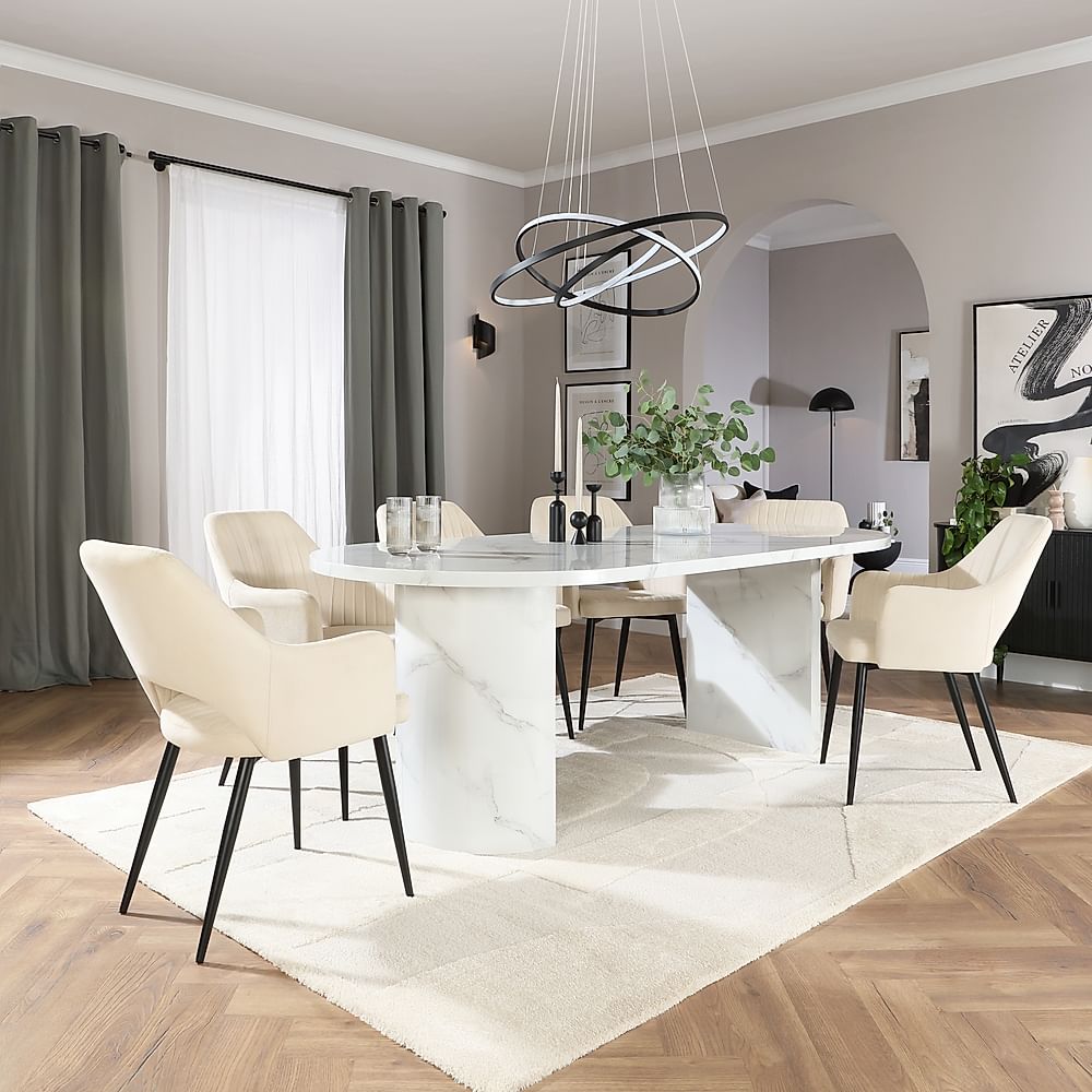 Genoa Oval Dining Table & 4 Clara Chairs, White Marble Effect, Ivory Classic Plush Fabric & Black Steel, 220cm