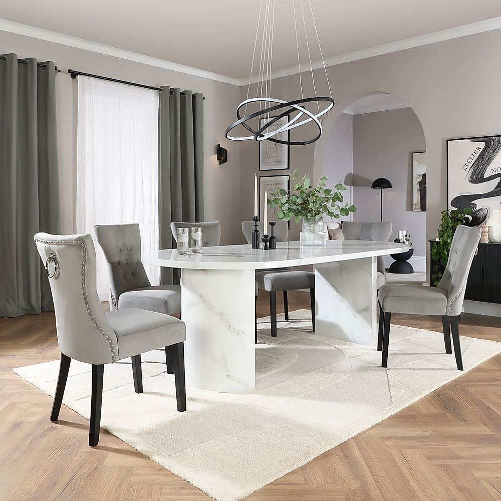 Genoa Oval Dining Table & 4 Kensington Chairs, White Marble Effect, Grey Classic Velvet & Black Solid Hardwood, 220cm