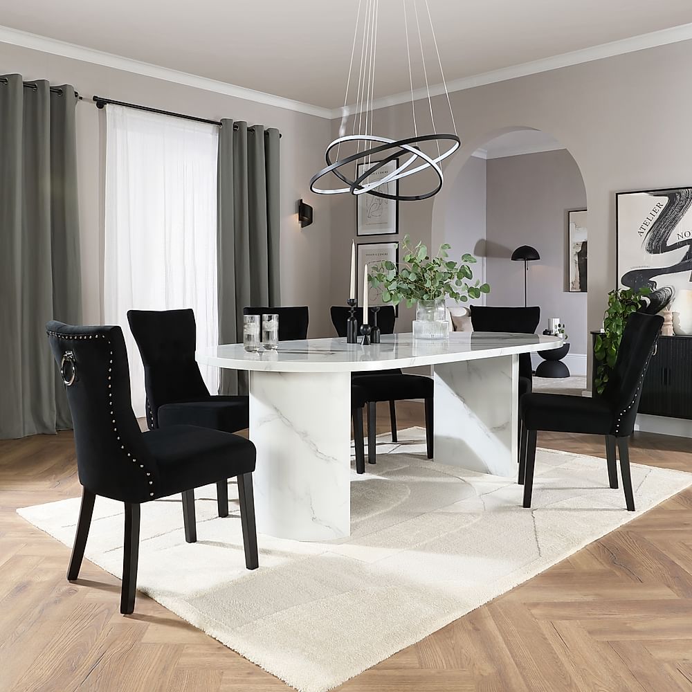 Genoa Oval Dining Table & 4 Kensington Chairs, White Marble Effect, Black Classic Velvet & Black Solid Hardwood, 220cm