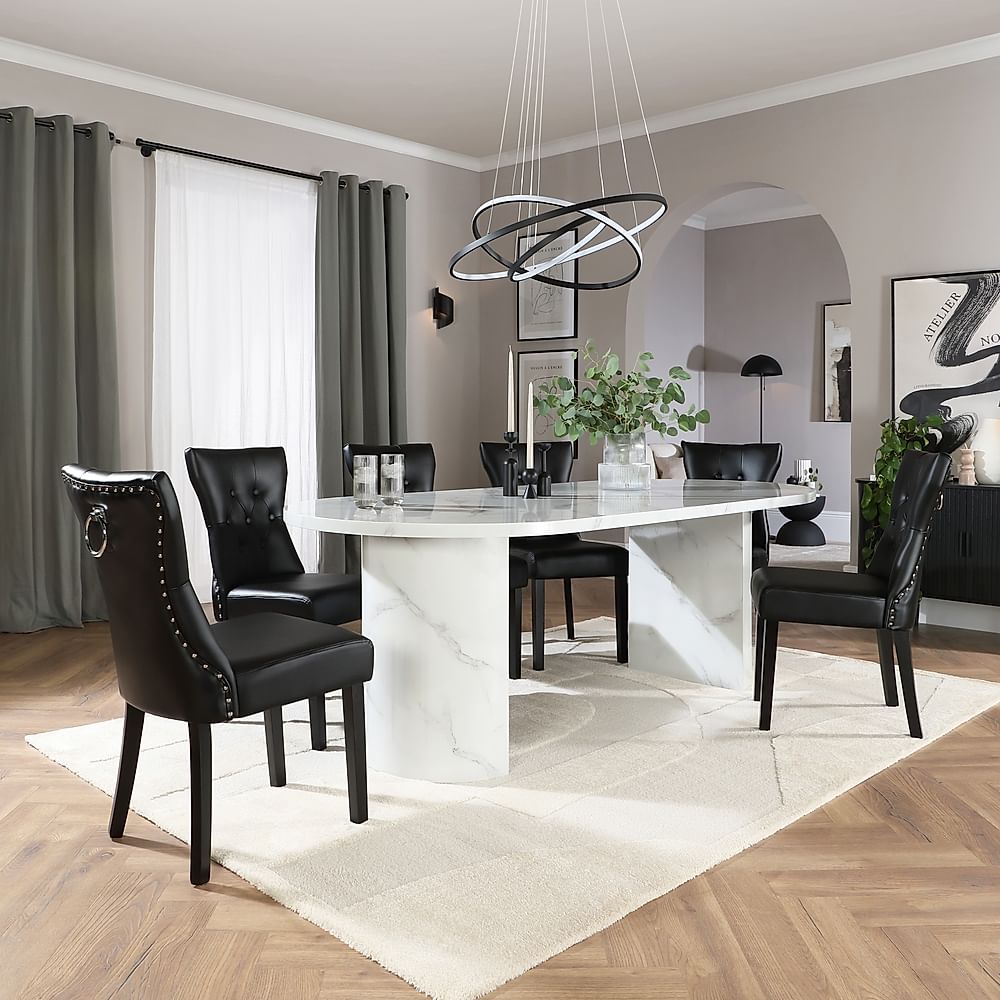 Genoa Oval Dining Table & 8 Kensington Chairs, White Marble Effect, Black Premium Faux Leather & Black Solid Hardwood, 220cm