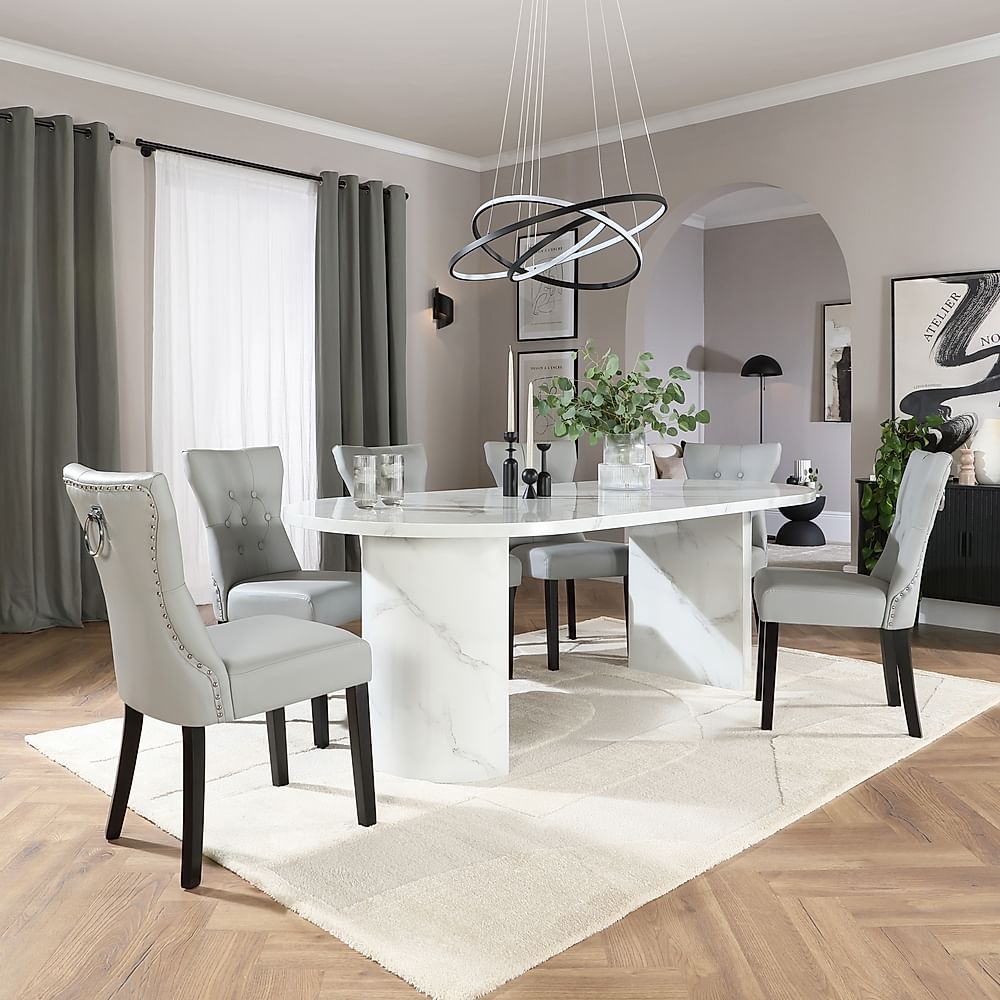 Genoa Oval Dining Table & 4 Kensington Chairs, White Marble Effect, Light Grey Premium Faux Leather & Black Solid Hardwood, 220cm