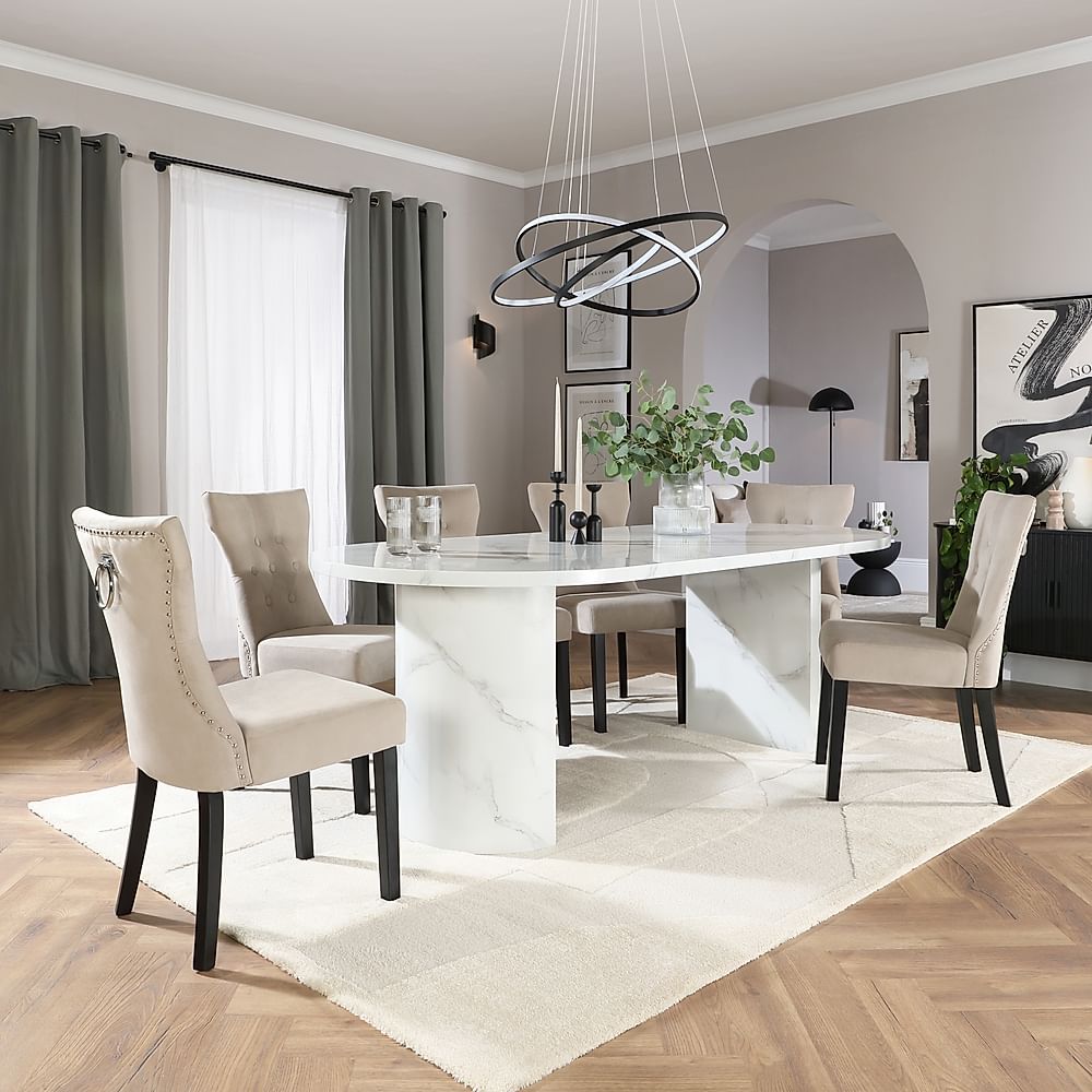 Genoa Oval Dining Table & 8 Kensington Chairs, White Marble Effect, Champagne Classic Velvet & Black Solid Hardwood, 220cm