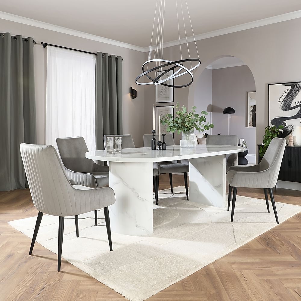 Genoa Oval Dining Table & 6 Liza Chairs, White Marble Effect, Grey Classic Velvet & Black Steel, 220cm