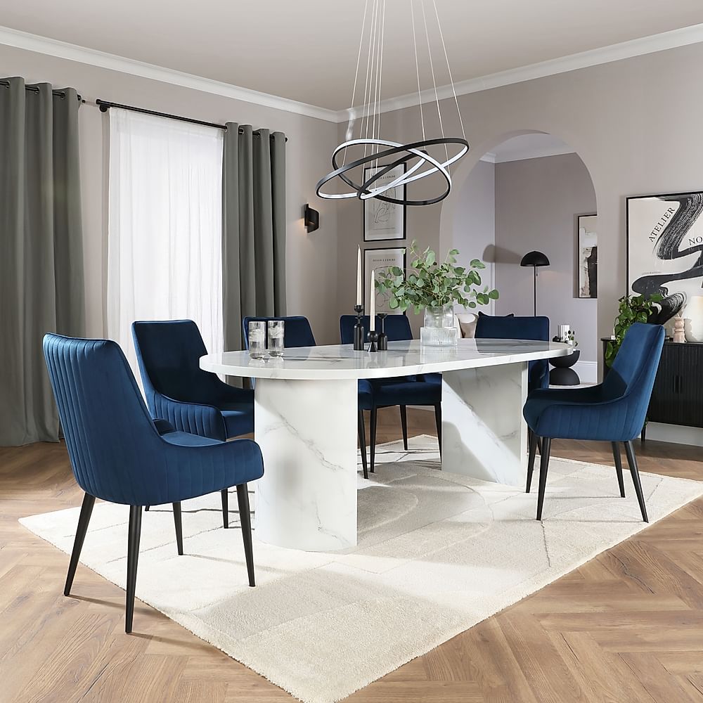 Genoa Oval Dining Table & 4 Liza Chairs, White Marble Effect, Blue Classic Velvet & Black Steel, 220cm