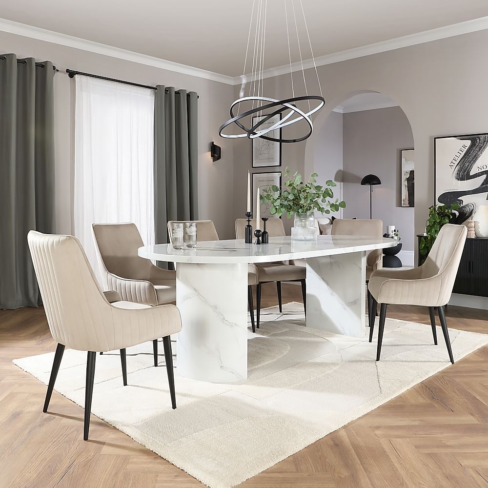 Genoa Oval Dining Table & 4 Liza Chairs, White Marble Effect, Champagne Classic Velvet & Black Steel, 220cm