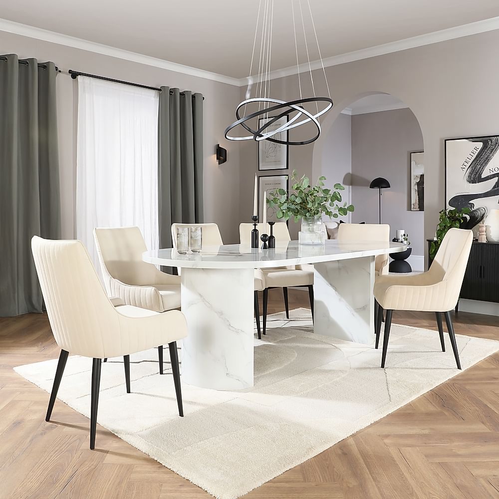 Genoa Oval Dining Table & 4 Liza Chairs, White Marble Effect, Ivory Classic Plush Fabric & Black Steel, 220cm