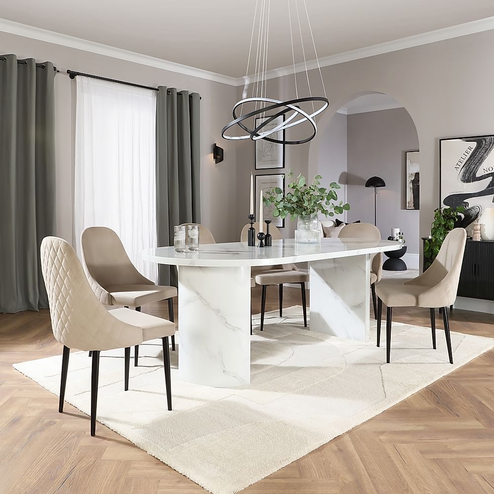 Genoa Oval Dining Table & 4 Ricco Chairs, White Marble Effect, Champagne Classic Velvet & Black Steel, 220cm