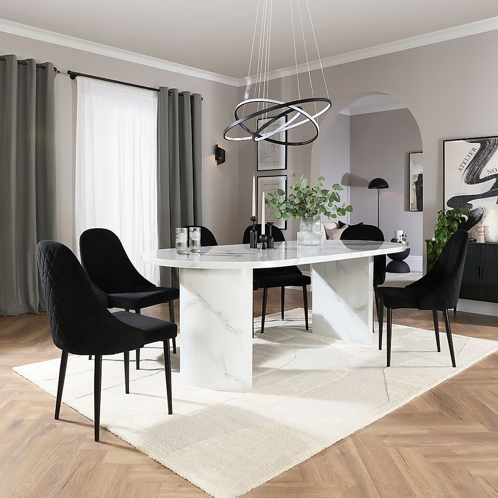 Genoa Oval Dining Table & 6 Ricco Chairs, White Marble Effect, Black Classic Velvet & Black Steel, 220cm