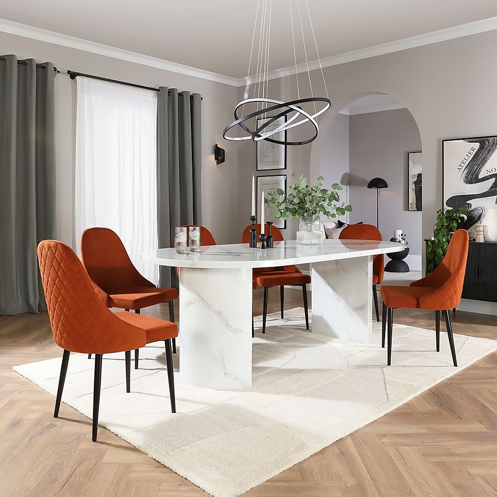 Genoa Oval Dining Table & 6 Ricco Chairs, White Marble Effect, Burnt Orange Classic Velvet & Black Steel, 220cm