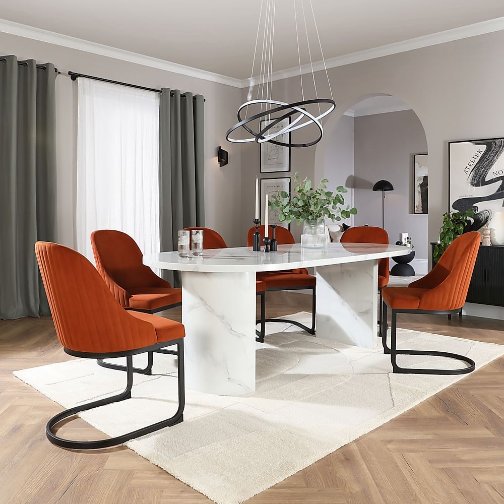 Genoa Oval Dining Table & 4 Riva Chairs, White Marble Effect, Burnt Orange Classic Velvet & Black Steel, 220cm