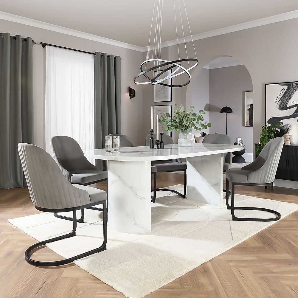 Genoa Oval Dining Table & 4 Riva Chairs, White Marble Effect, Grey Classic Velvet & Black Steel, 220cm