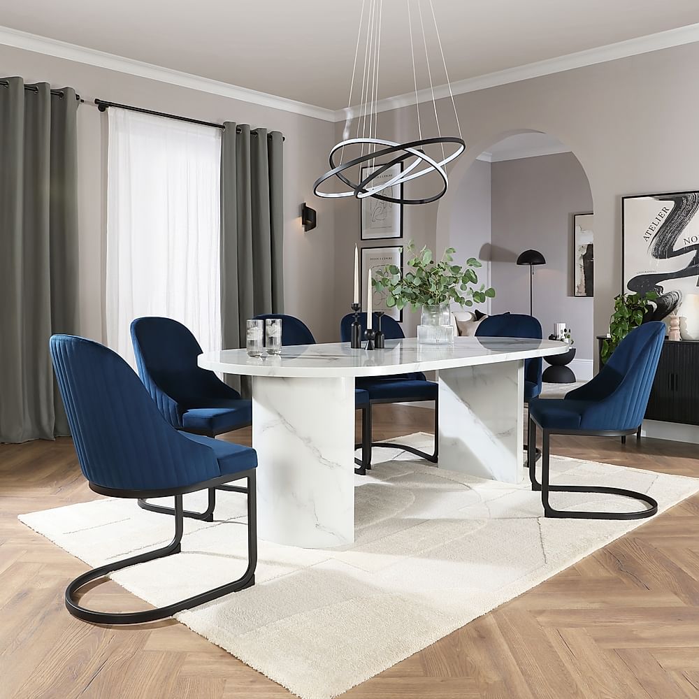 Genoa Oval Dining Table & 4 Riva Chairs, White Marble Effect, Blue Classic Velvet & Black Steel, 220cm