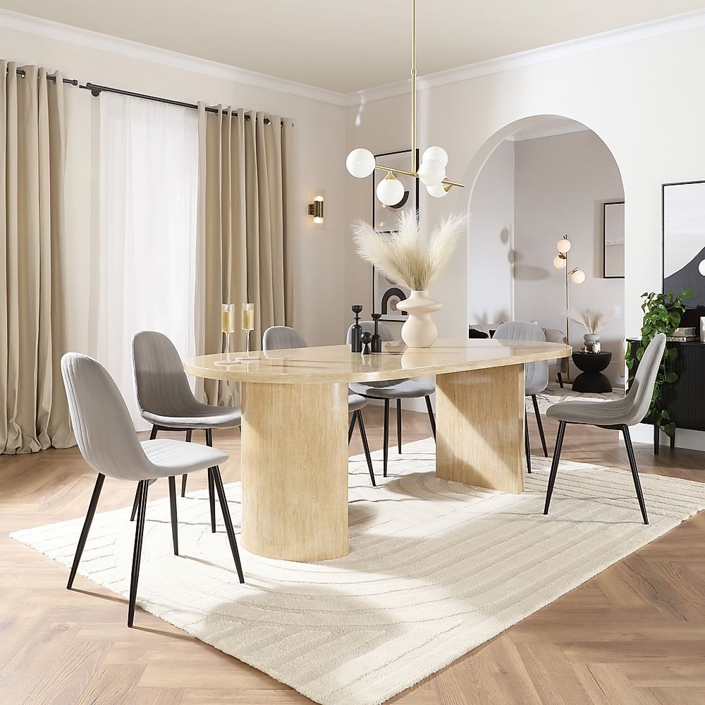 Genoa Oval Dining Table & 6 Brooklyn Chairs, Travertine Stone Effect, Grey Classic Velvet & Black Steel, 220cm