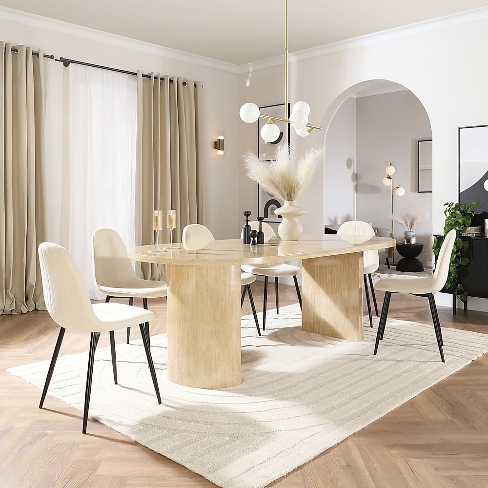 Genoa Oval Dining Table & 6 Brooklyn Chairs, Travertine Stone Effect, Ivory Classic Plush Fabric & Black Steel, 220cm