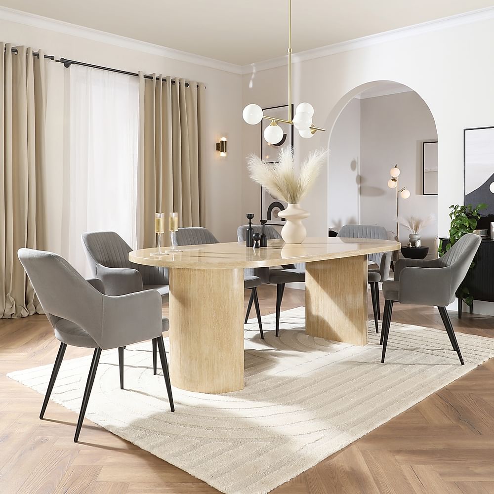 Genoa Oval Dining Table & 6 Clara Chairs, Travertine Stone Effect, Grey Classic Velvet & Black Steel, 220cm