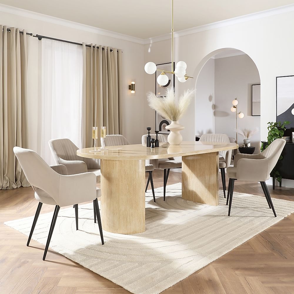 Genoa Oval Dining Table & 6 Clara Chairs, Travertine Stone Effect, Champagne Classic Velvet & Black Steel, 220cm