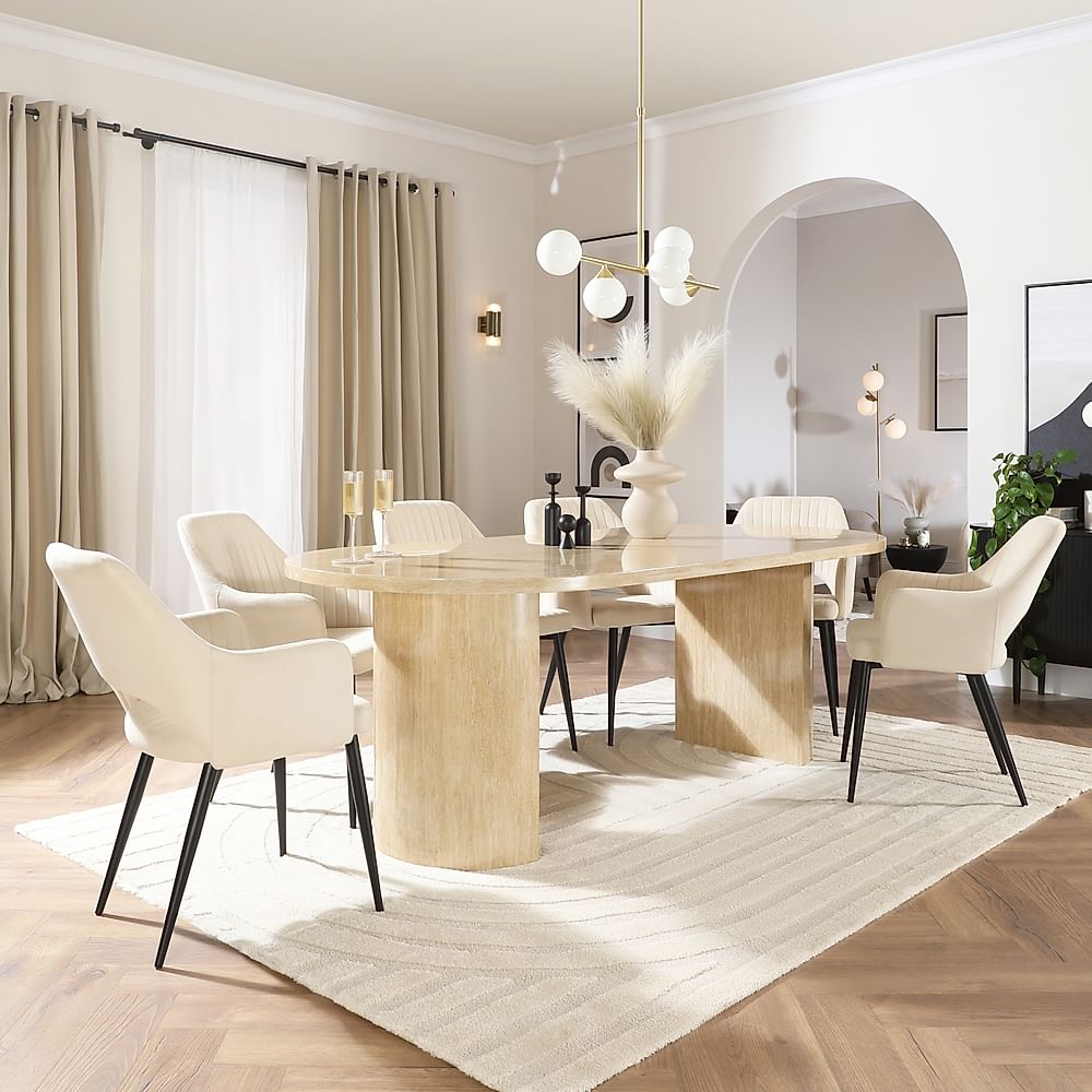 Genoa Oval Dining Table & 4 Clara Chairs, Travertine Stone Effect, Ivory Classic Plush Fabric & Black Steel, 220cm