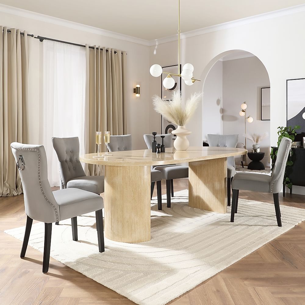 Genoa Oval Dining Table & 4 Kensington Chairs, Travertine Stone Effect, Grey Classic Velvet & Black Solid Hardwood, 220cm